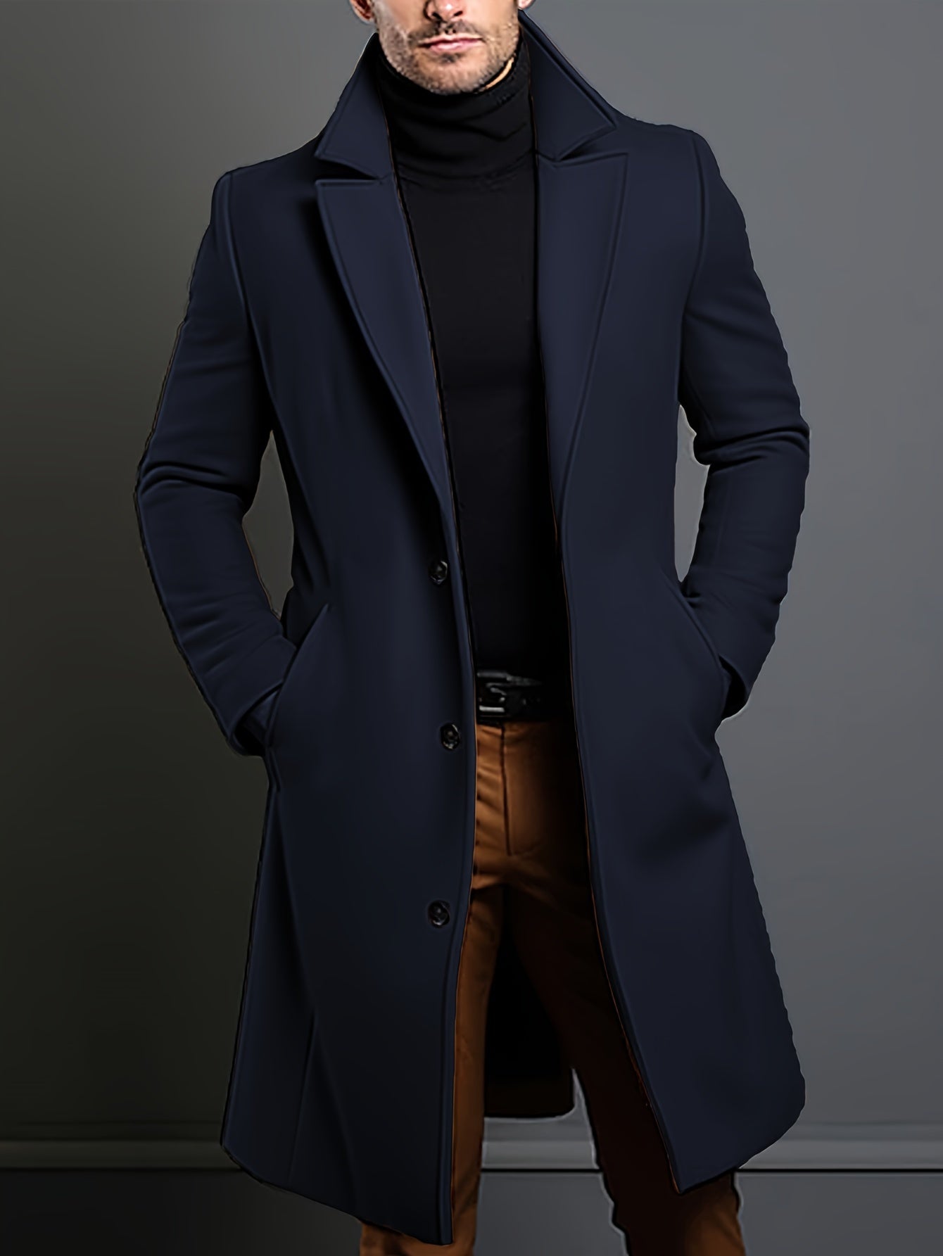 Manteau en laine homme long à col cranté et poches passepoilées 9