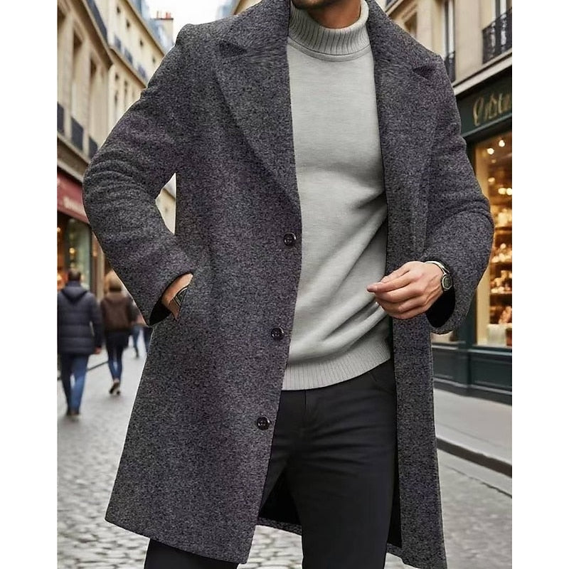 Manteau en laine homme long à col cranté et simple boutonnage 1