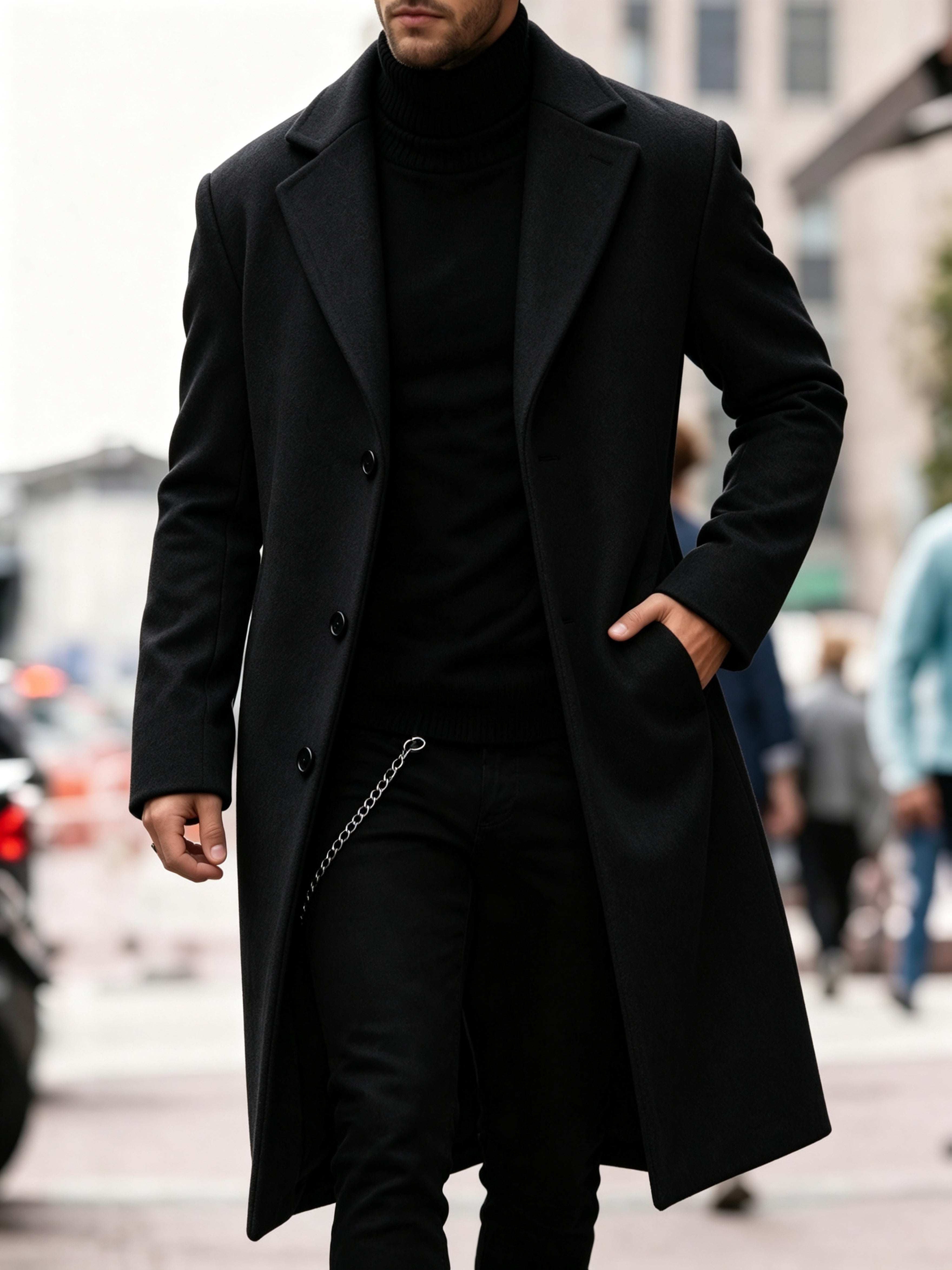 Manteau en laine homme long à simple boutonnage et coupe droite 11