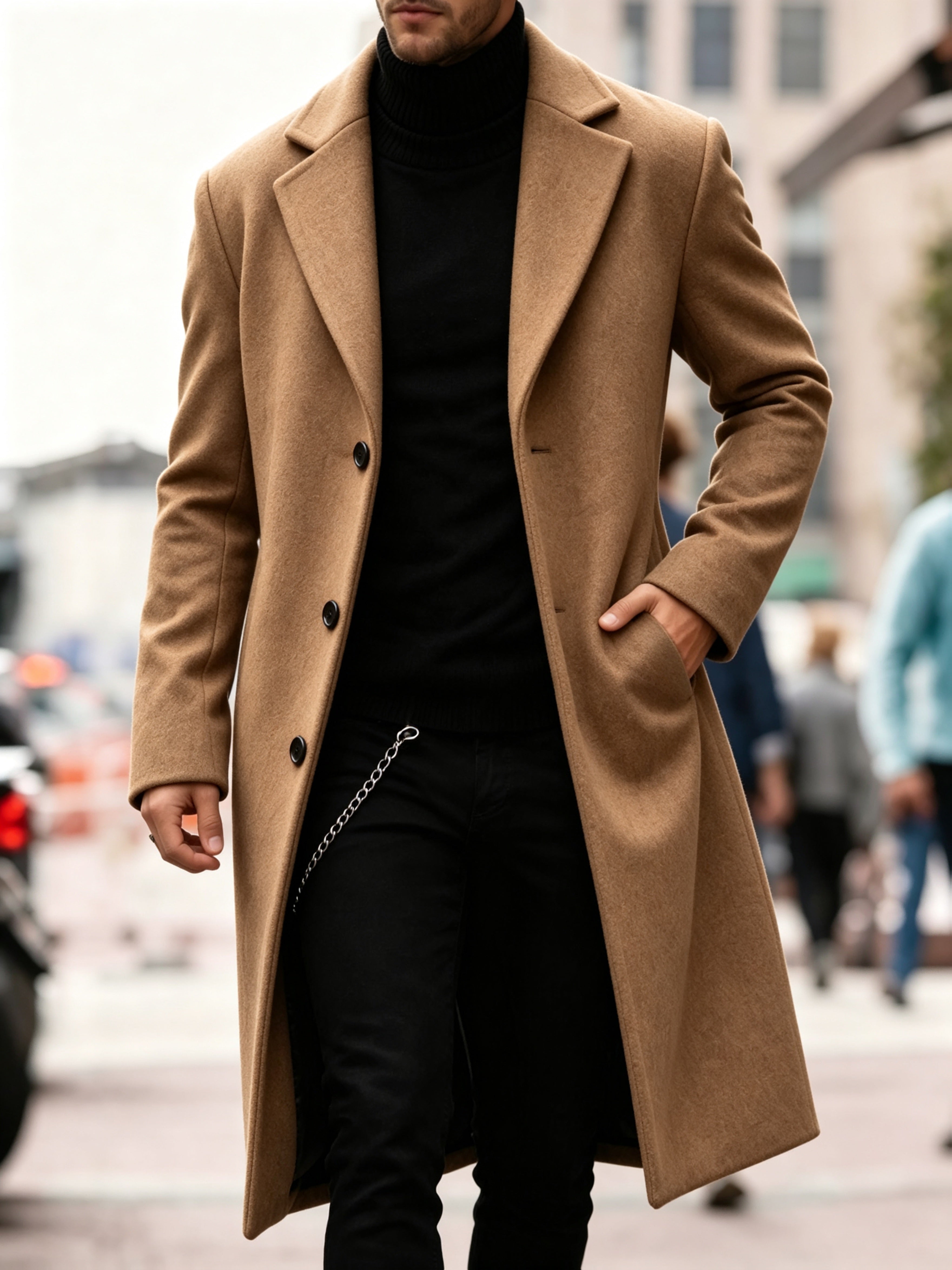 Manteau en laine homme long à simple boutonnage et coupe droite 16