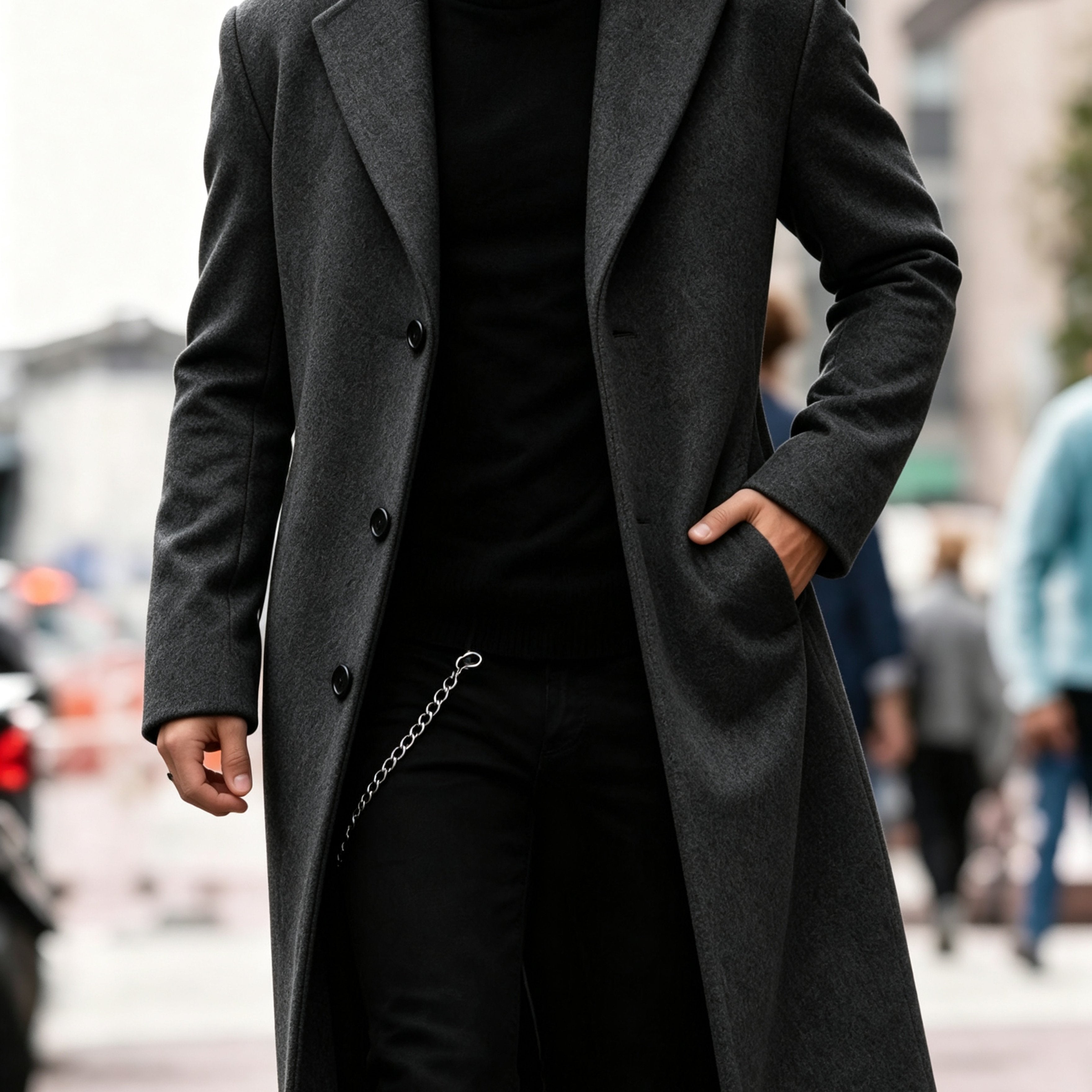 Manteau en laine homme long à simple boutonnage et coupe droite 5