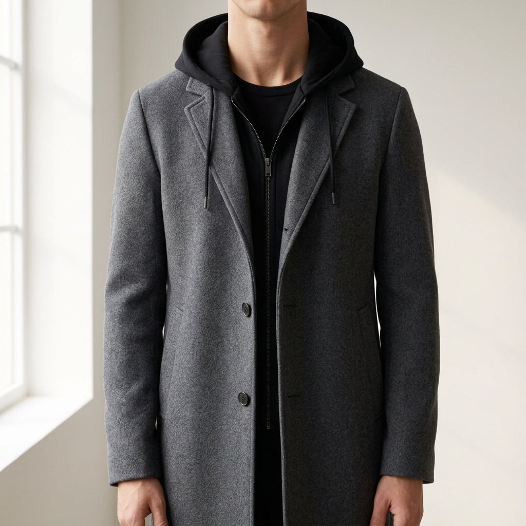 Manteau en laine homme mi-long à capuche amovible et col cranté 1