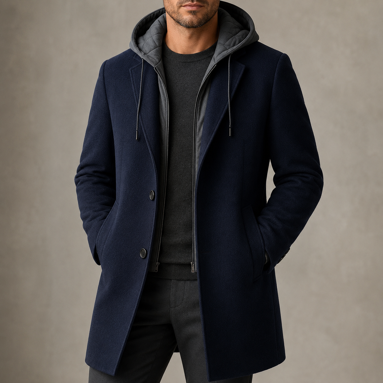 Manteau en laine homme mi-long à capuche amovible et col cranté 2