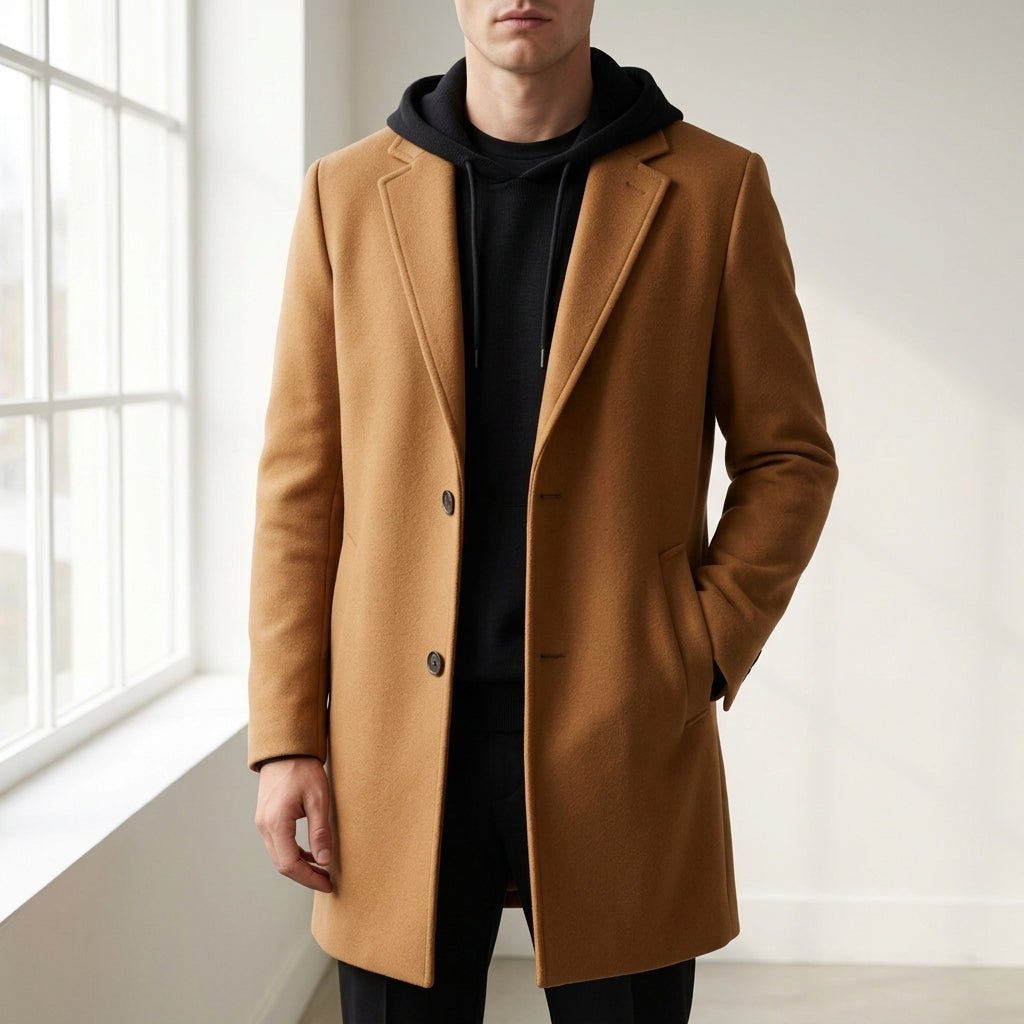 Manteau en laine homme mi-long à capuche amovible et col cranté 3