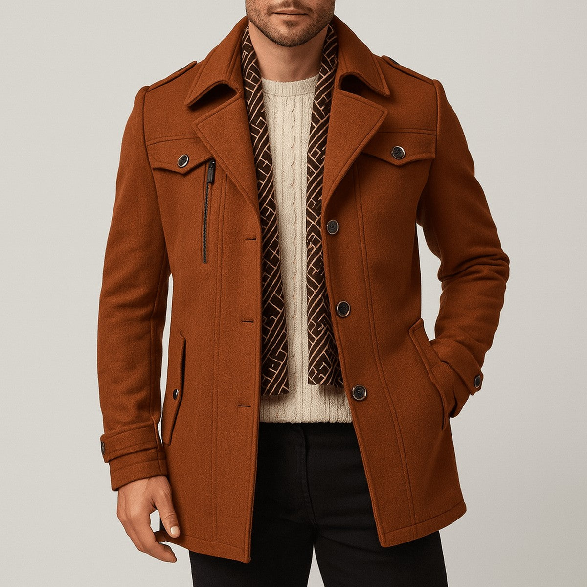 Manteau en laine homme mi-long à col chemise et poches à rabat 1