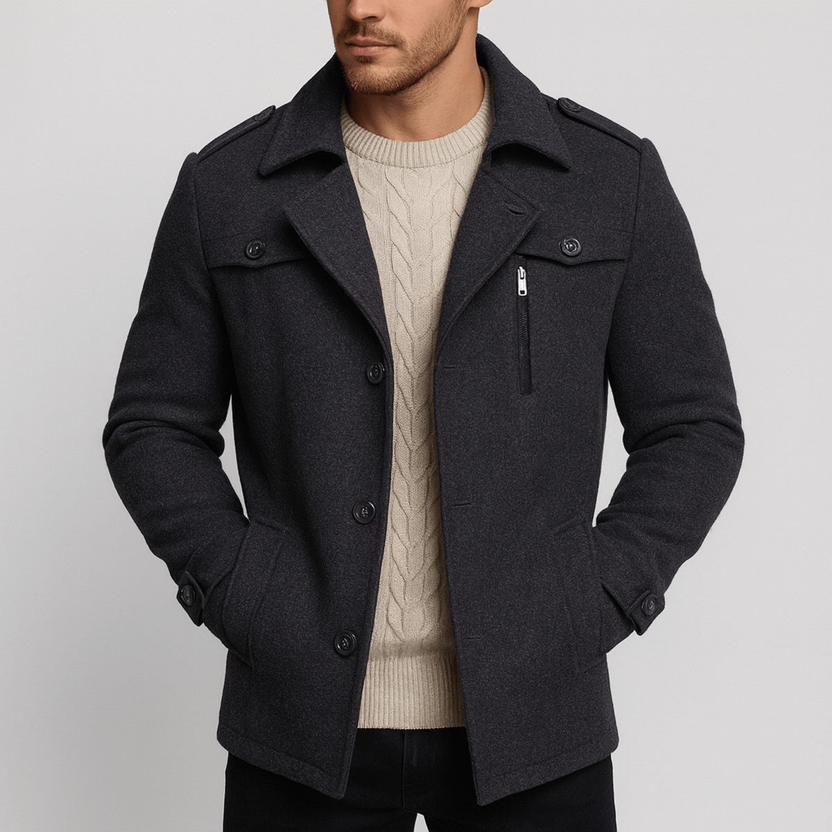 Manteau en laine homme mi-long à col chemise et poches à rabat 2