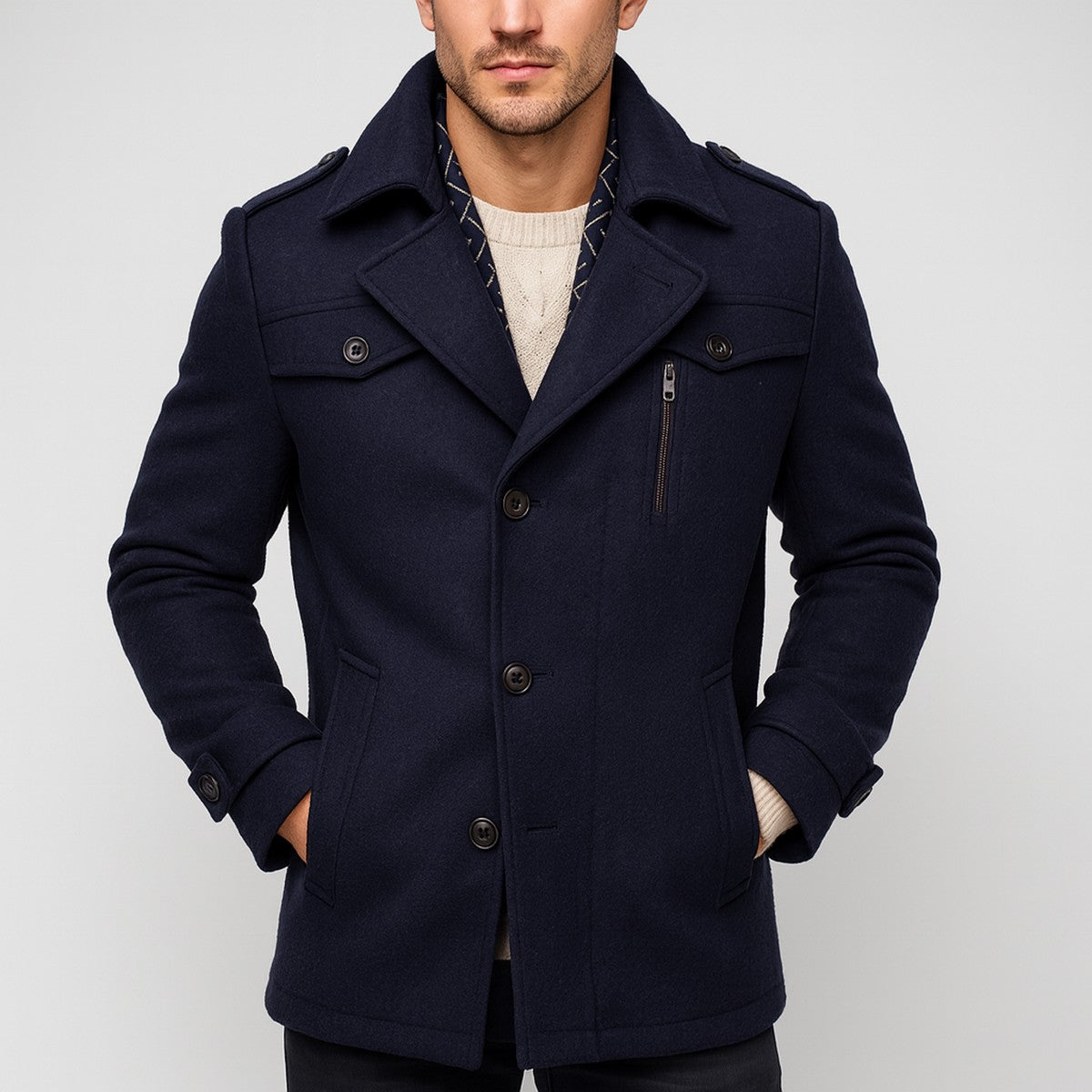 Manteau en laine homme mi-long à col chemise et poches à rabat 3