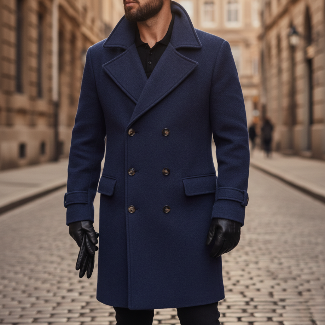 Manteau en laine homme mi-long à col cranté et double boutonnage 1
