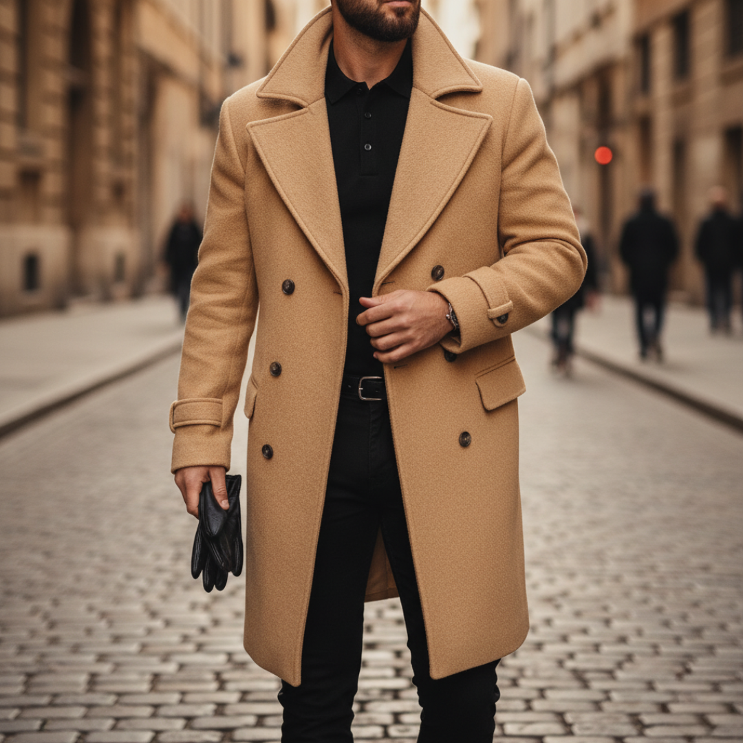 Manteau en laine homme mi-long à col cranté et double boutonnage 2