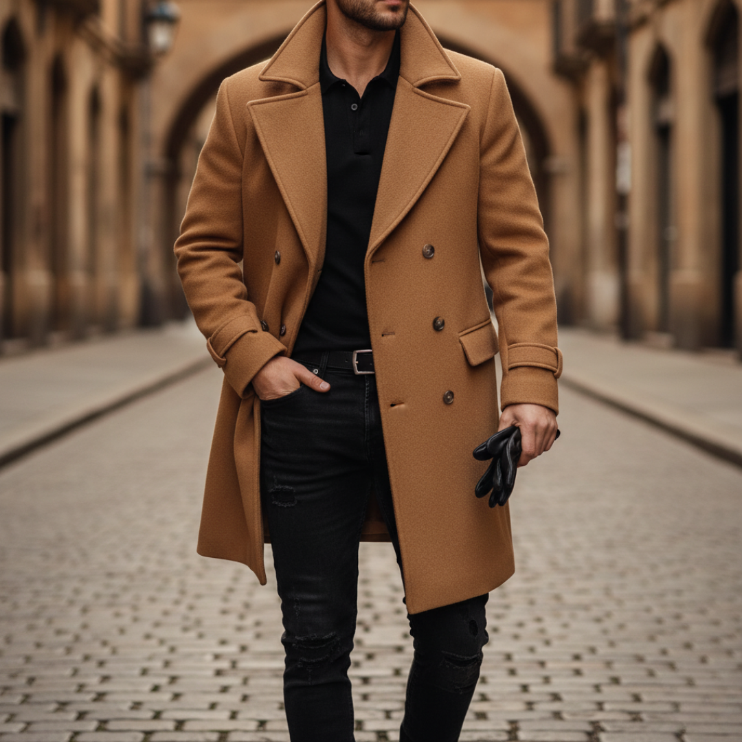 Manteau en laine homme mi-long à col cranté et double boutonnage 4