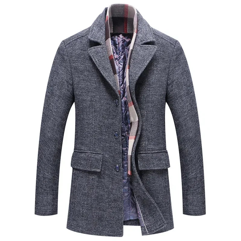 Manteau en laine homme mi-long à col cranté et écharpe amovible 1