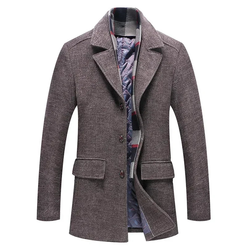 Manteau en laine homme mi-long à col cranté et écharpe amovible 2