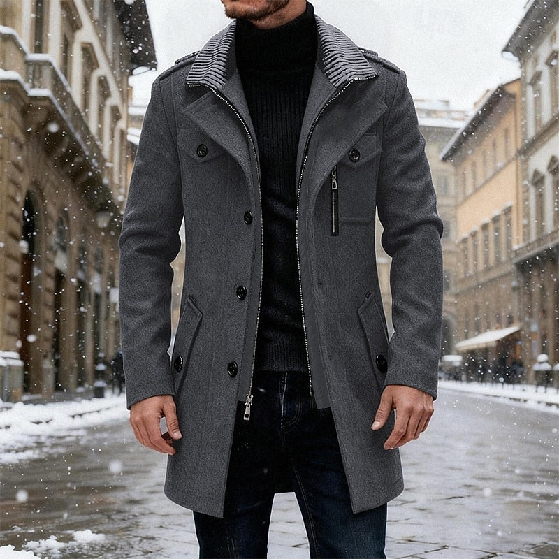 Manteau en laine homme mi-long à col cranté et fermeture zippée 1