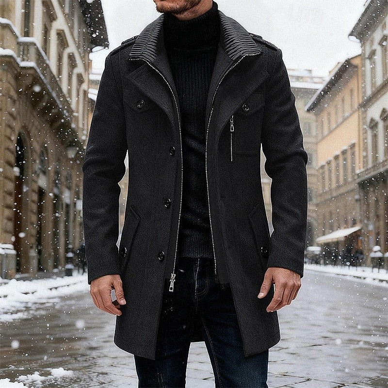 Manteau en laine homme mi-long à col cranté et fermeture zippée 2