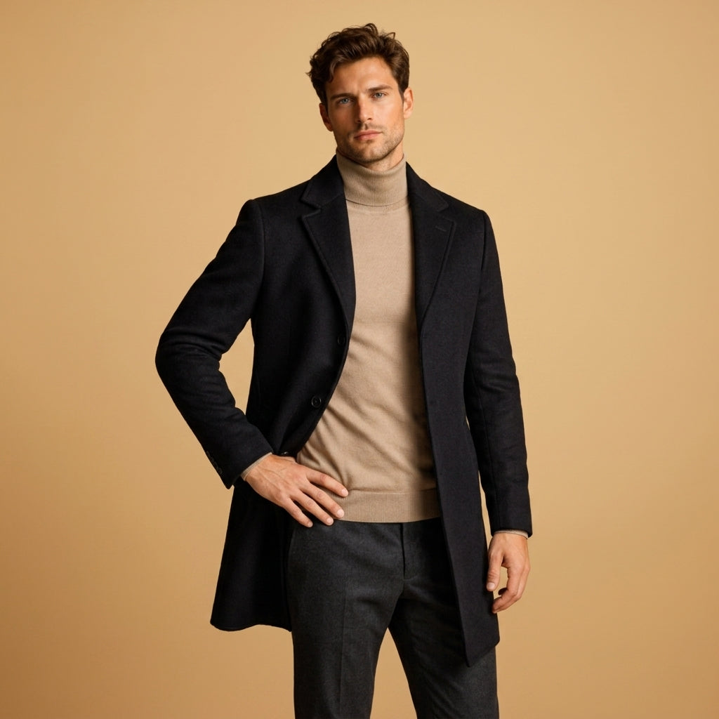 Manteau en laine homme mi-long à col cranté et simple boutonnage 1