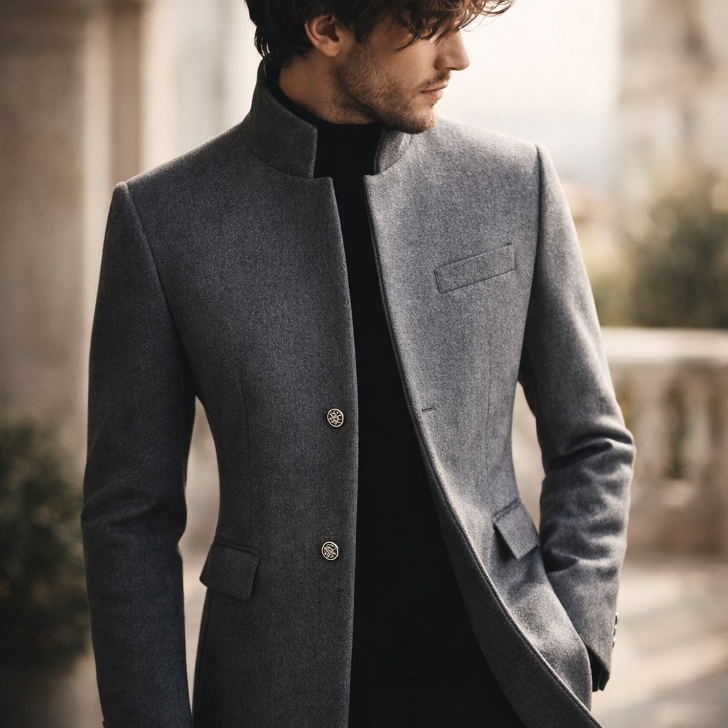 Manteau en laine homme mi-long à col montant et coupe ajustée 10