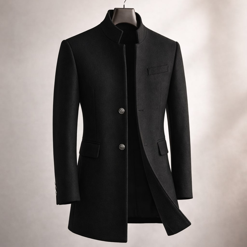 Manteau en laine homme mi-long à col montant et coupe ajustée 4