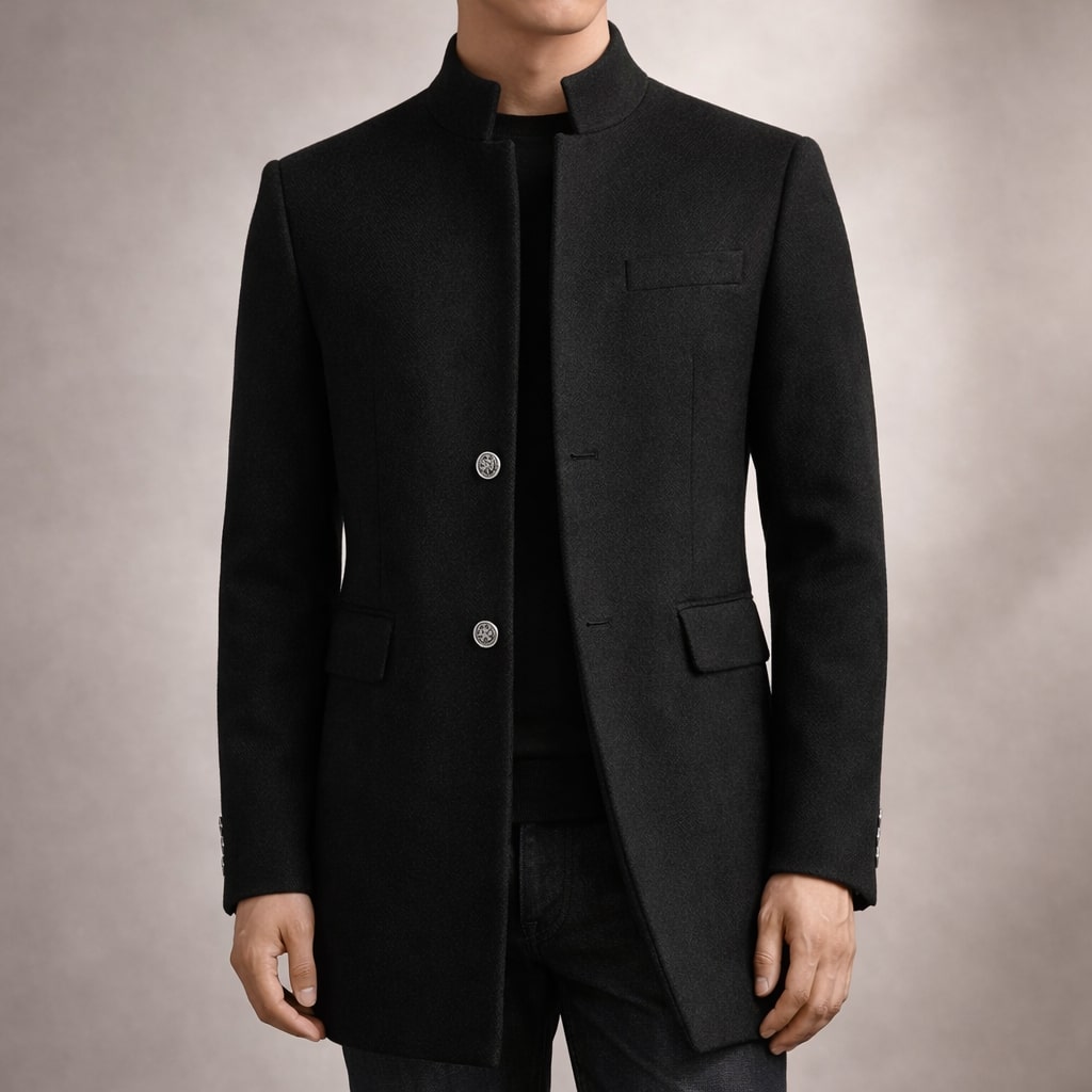 Manteau en laine homme mi-long à col montant et coupe ajustée 6