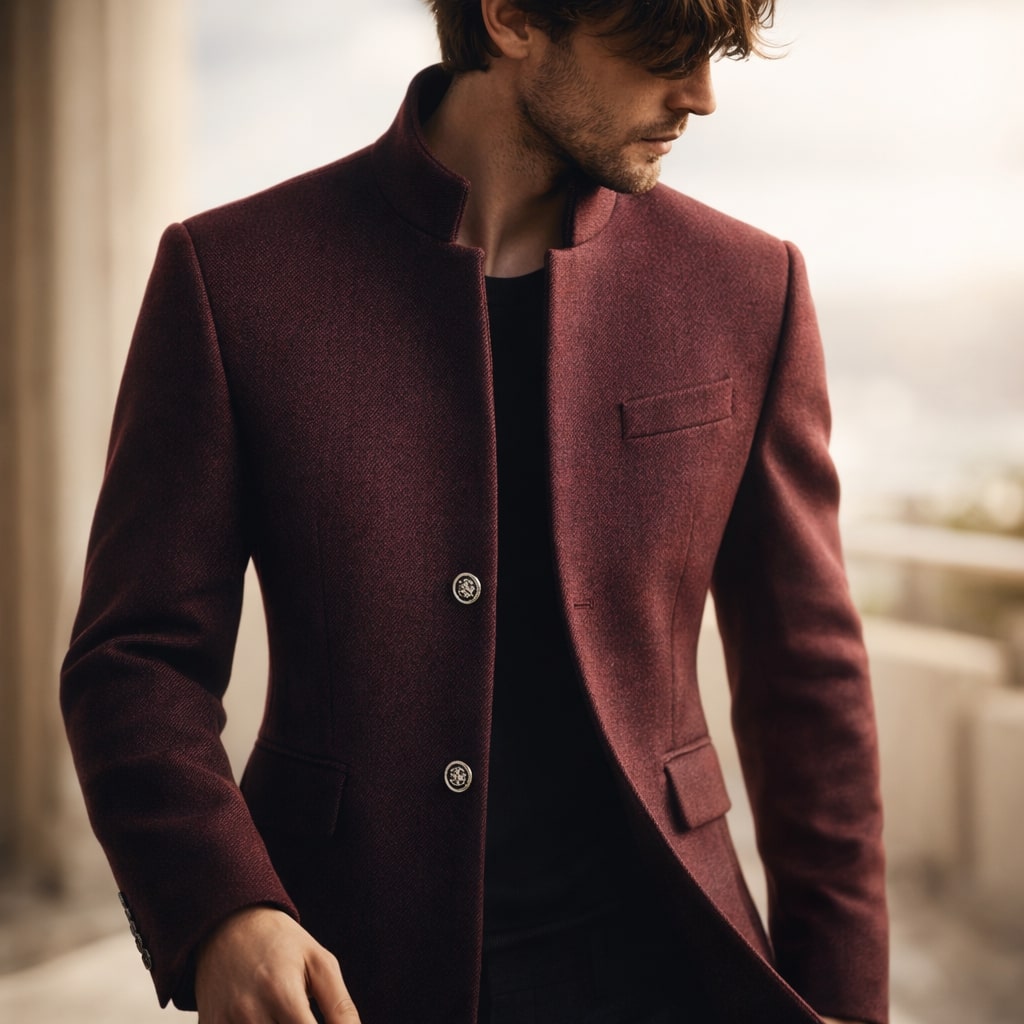 Manteau en laine homme mi-long à col montant et coupe ajustée 7