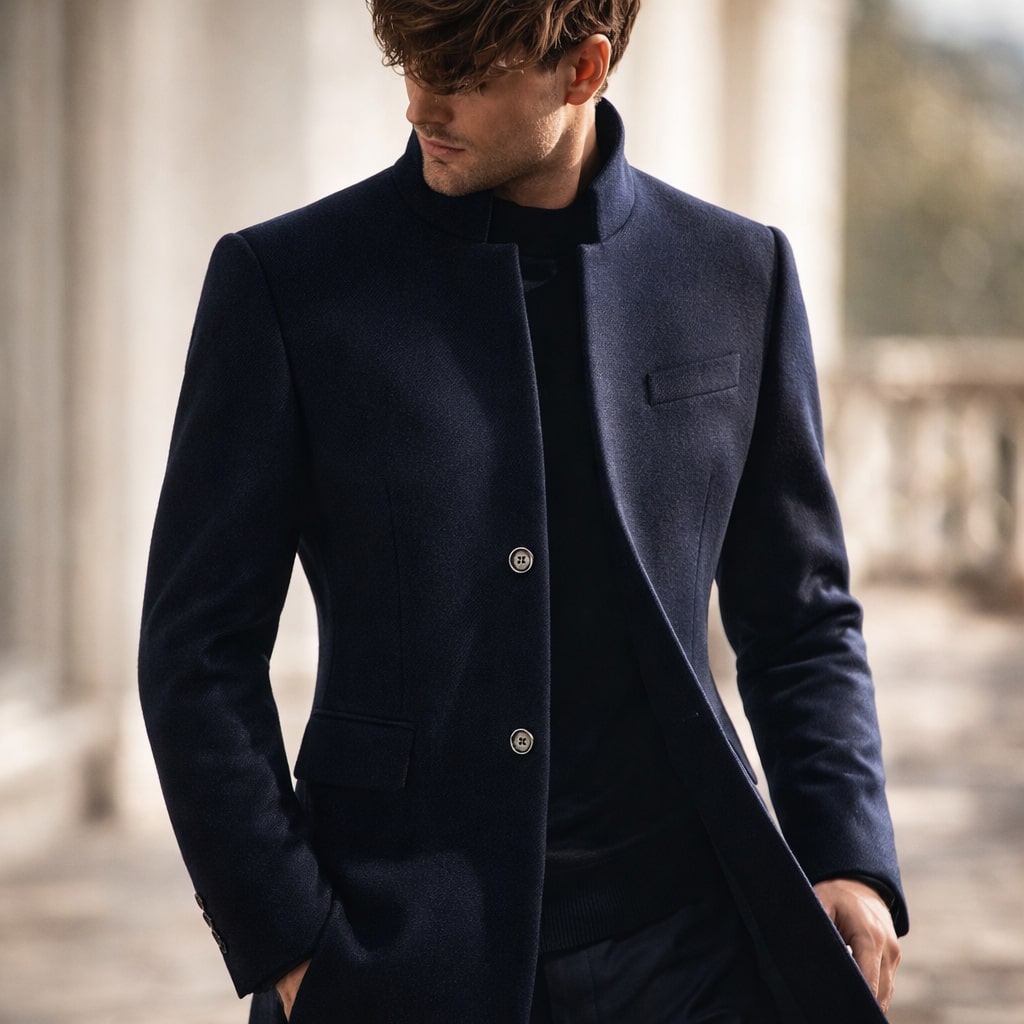 Manteau en laine homme mi-long à col montant et coupe ajustée 9