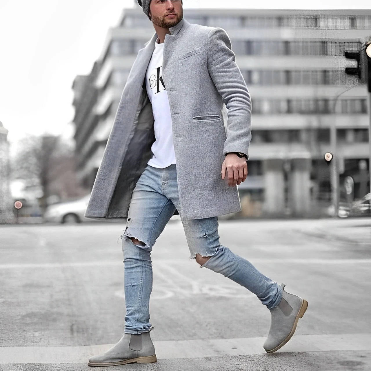 Manteau en laine homme mi-long à col montant et coupe slim 1