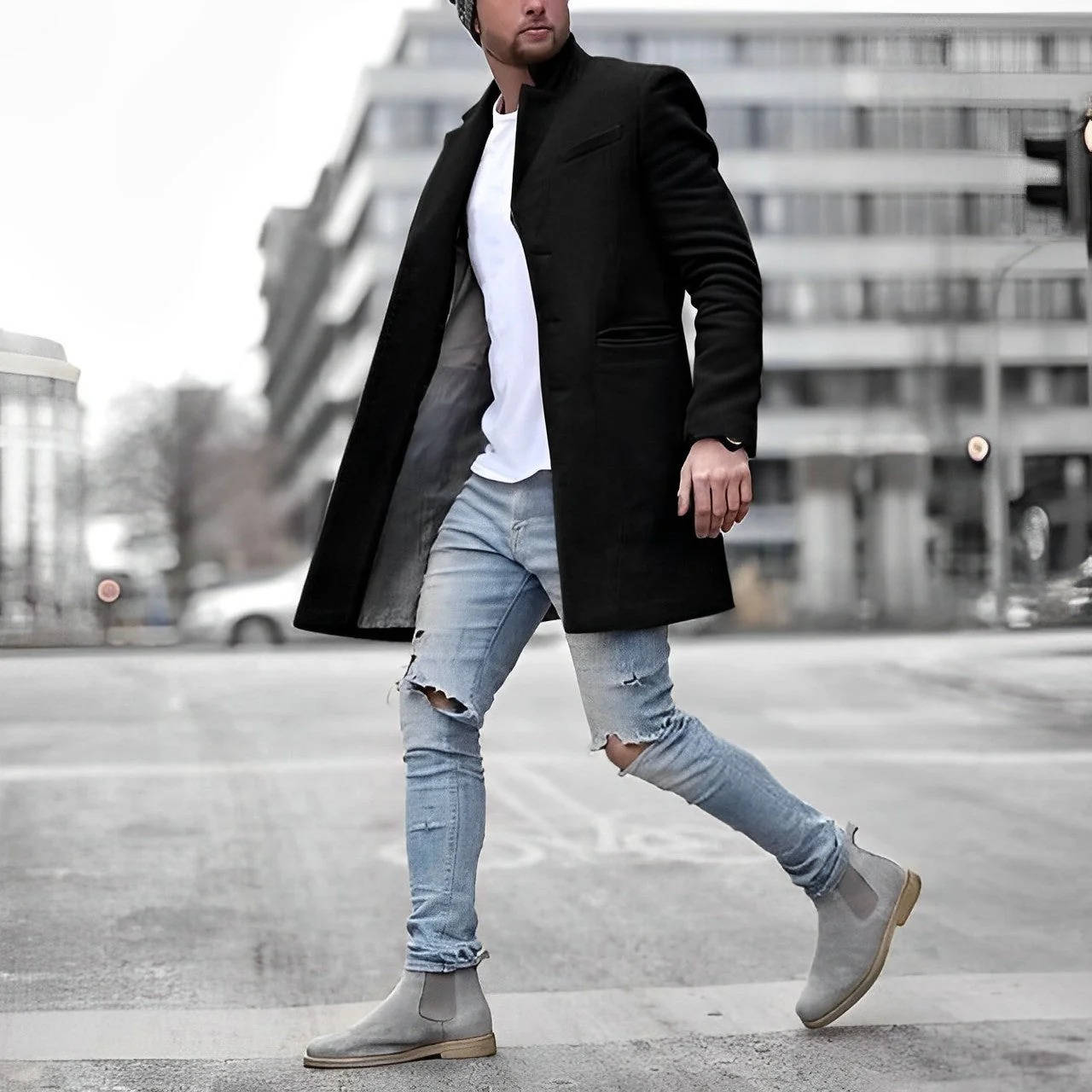 Manteau en laine homme mi-long à col montant et coupe slim 3