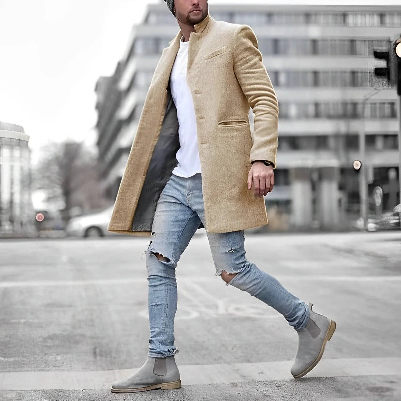 Manteau en laine homme mi-long à col montant et coupe slim 4