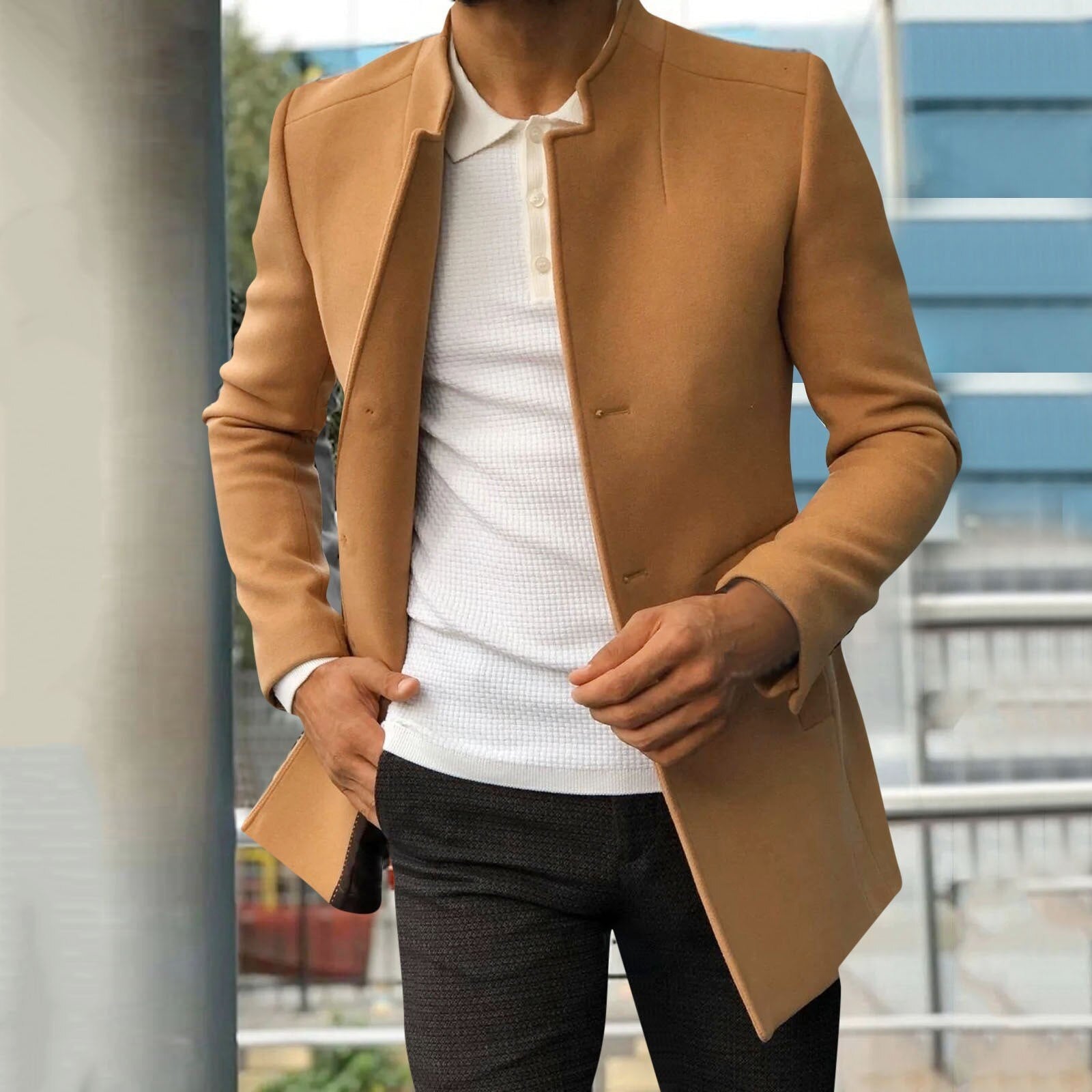 Manteau en laine homme mi-long à col montant et coupe structurée 2