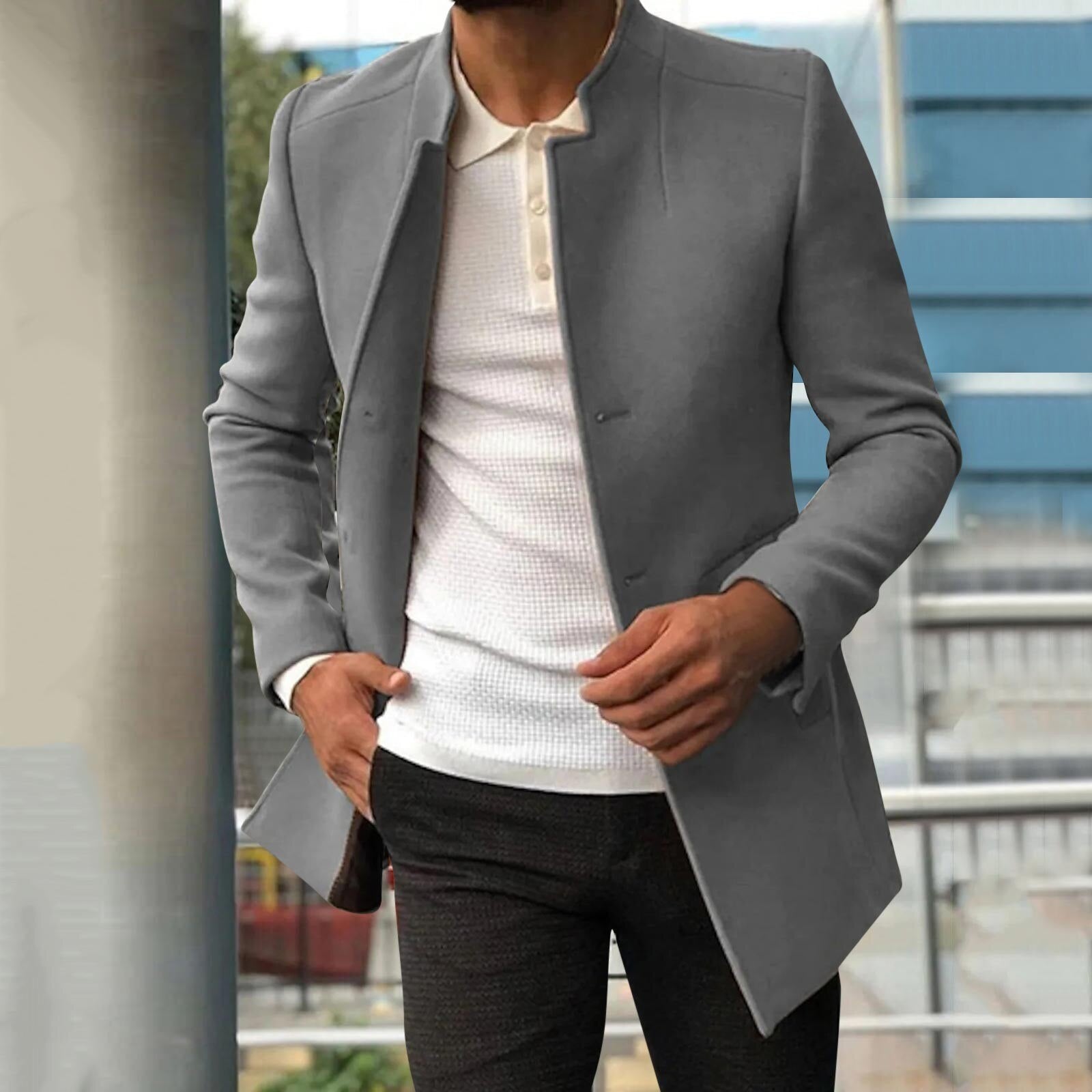 Manteau en laine homme mi-long à col montant et coupe structurée 4