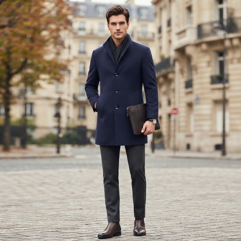 Manteau en laine homme mi-long à col montant et doublure matelassée 6