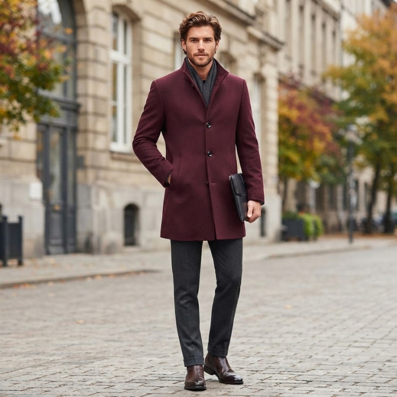 Manteau en laine homme mi-long à col montant et doublure matelassée 7