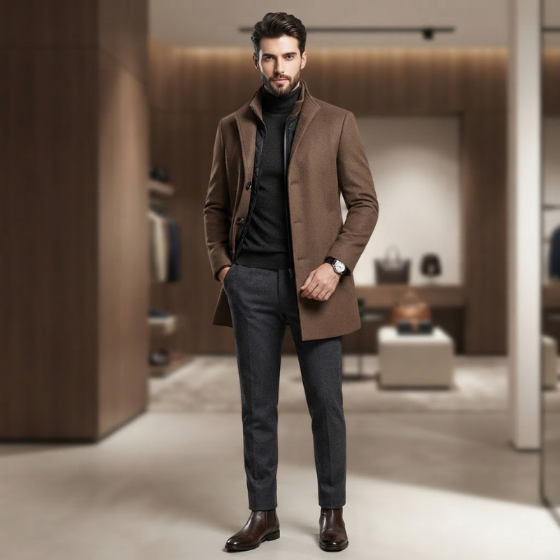 Manteau en laine homme mi-long à col montant et doublure matelassée 8