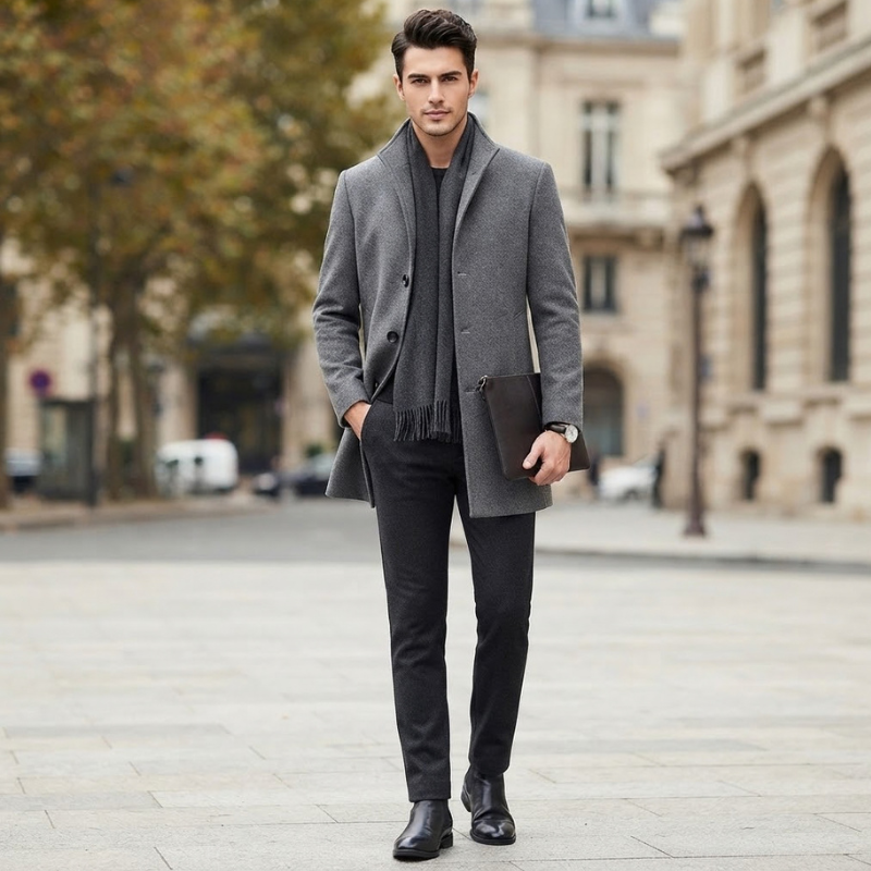 Manteau en laine homme mi-long à col montant et doublure matelassée 9