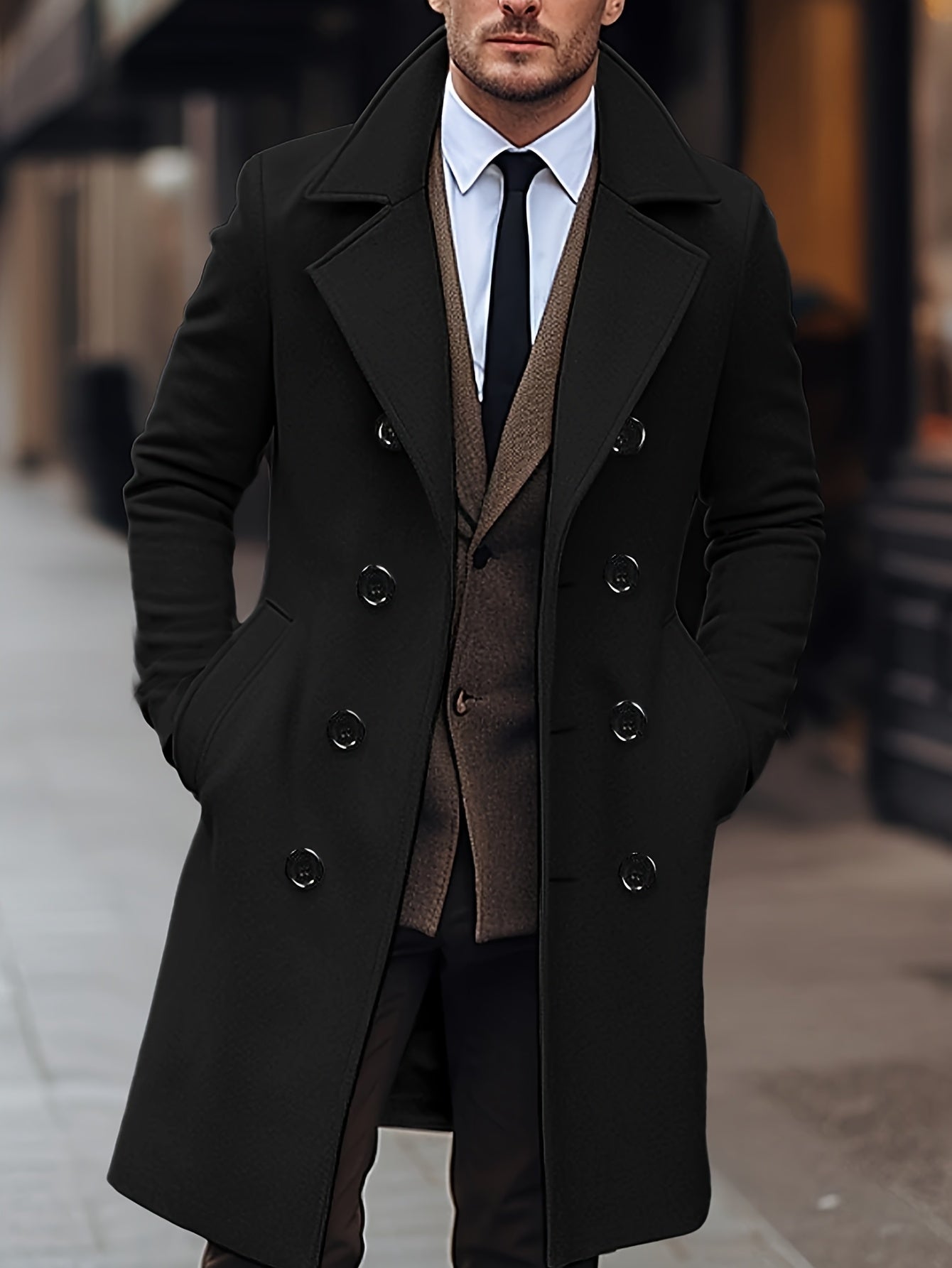Manteau en laine homme mi-long à double boutonnage et coupe ajustée 2
