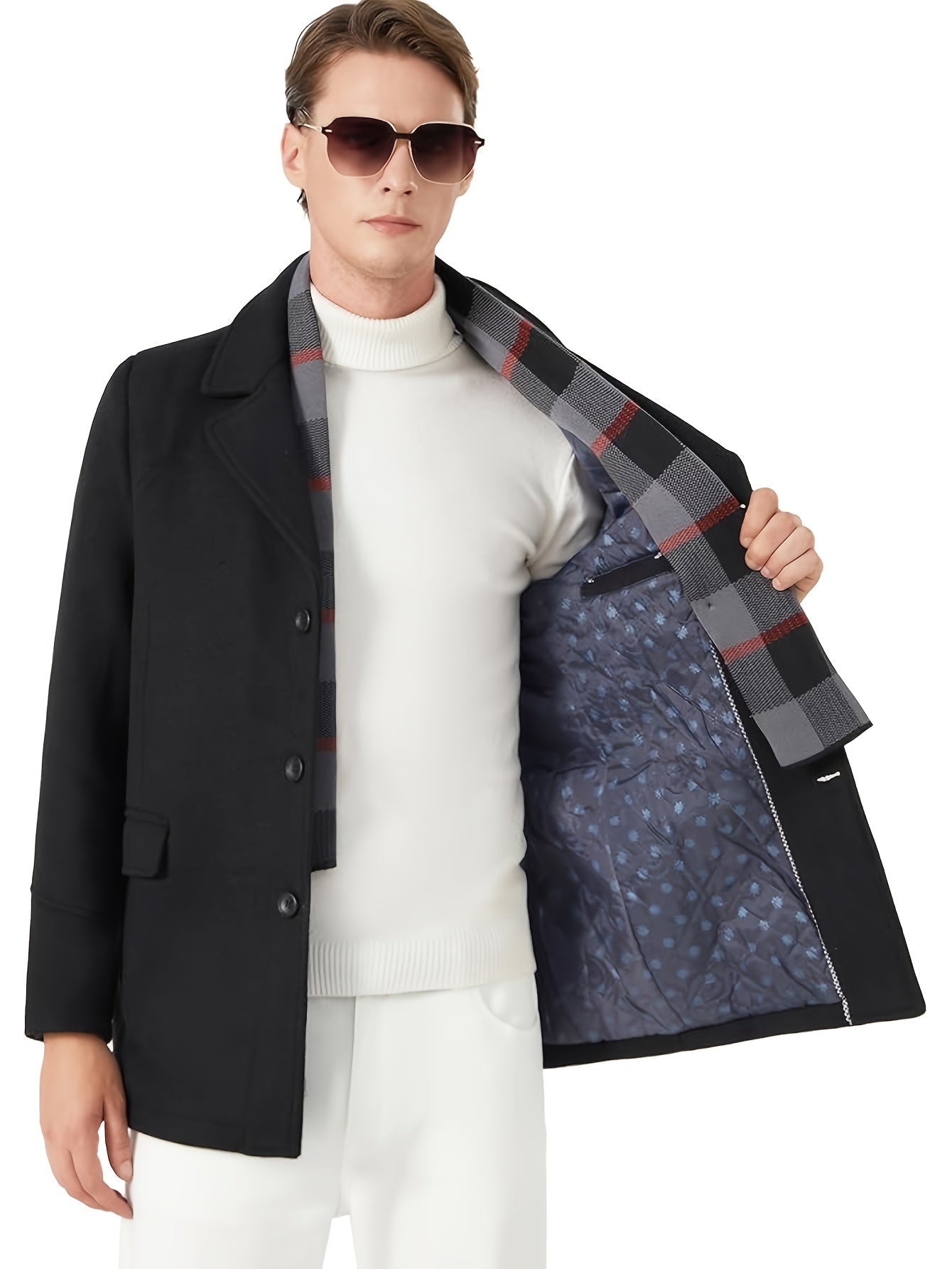 Manteau en laine homme mi-long à écharpe amovible et doublure matelassée 4