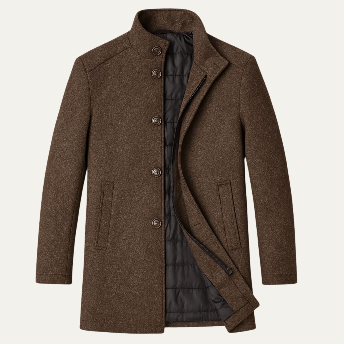 Manteau homme à col montant boutonné coupe droite 1