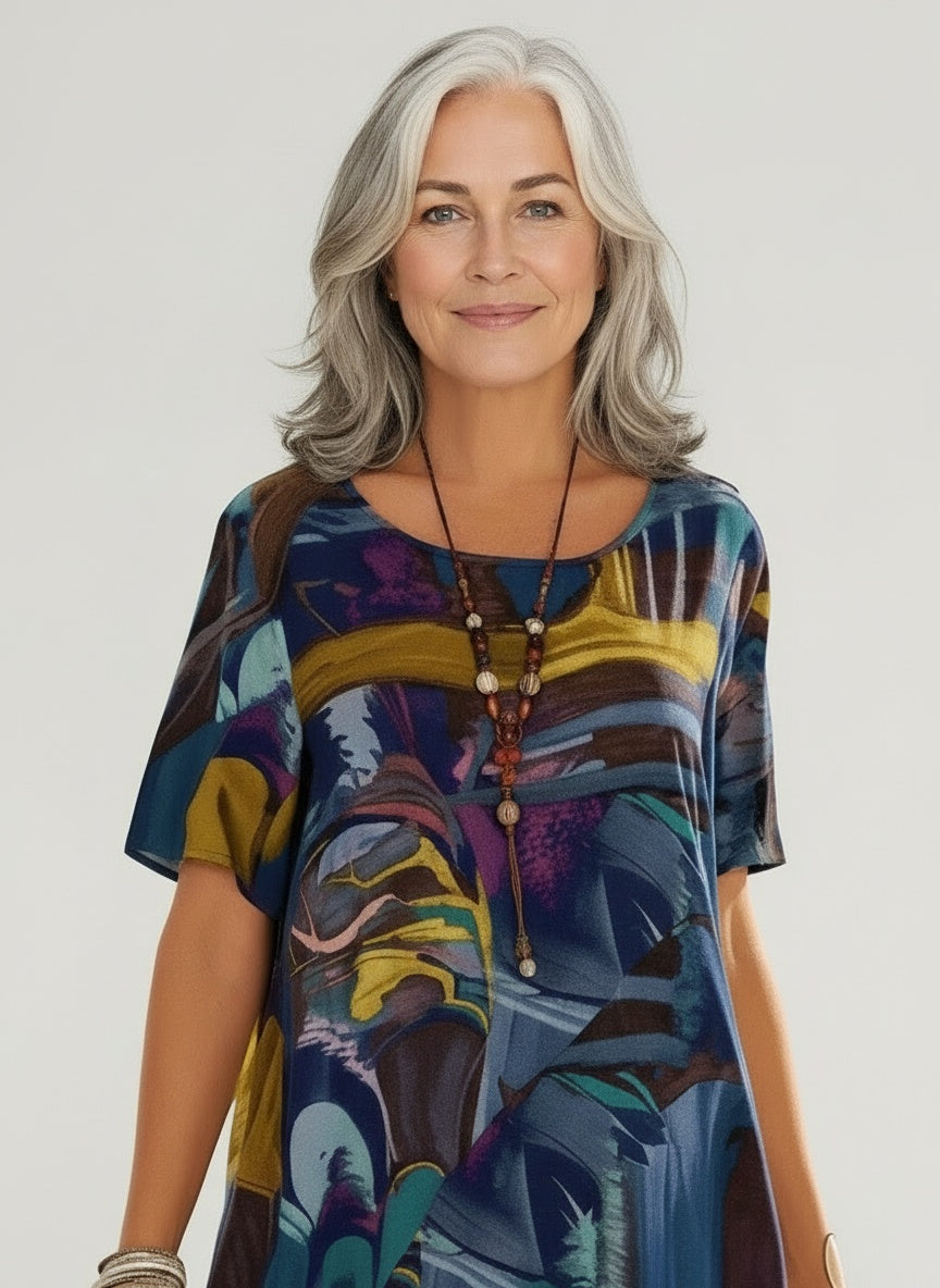 Close-up of the model wearing Casual zomerjurk met een ruime snit voor dames