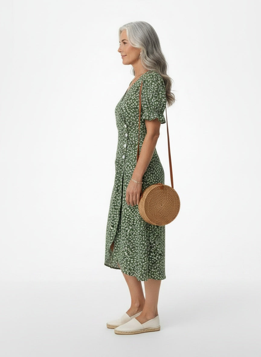 Side profile of the model wearing Luna – Zomer portefeuille jurk voor dames met bloemenprint en volantmouwen