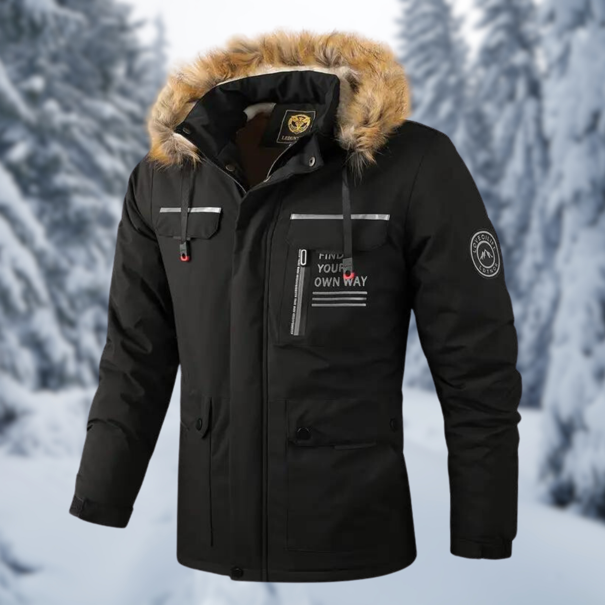 Parka homme déperlante à capuche en fausse fourrure et détails réfléchissants 1