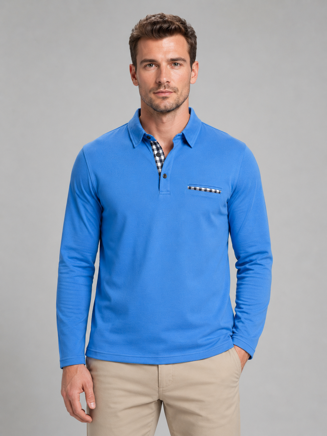Polo homme à manches longues finition à carreaux et poche poitrine 1