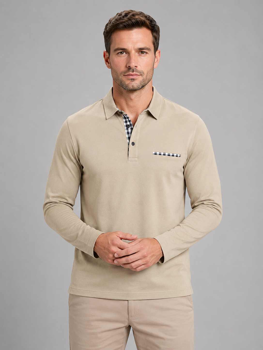 Polo homme à manches longues finition à carreaux et poche poitrine 4