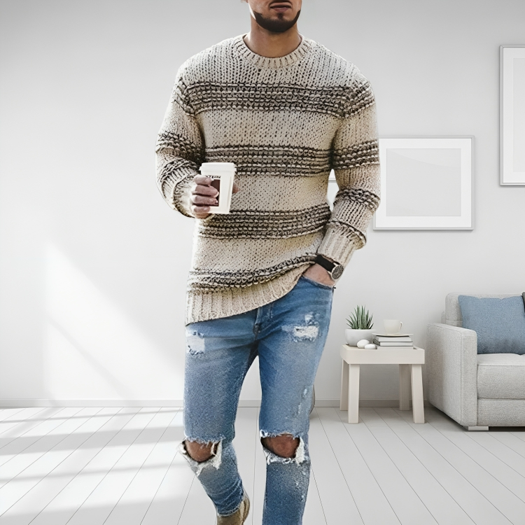 Pull col rond homme rayé en maille à manches longues 1
