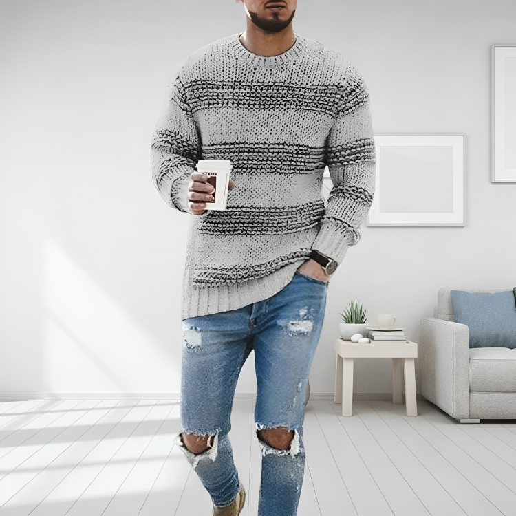 Pull col rond homme rayé en maille à manches longues 2