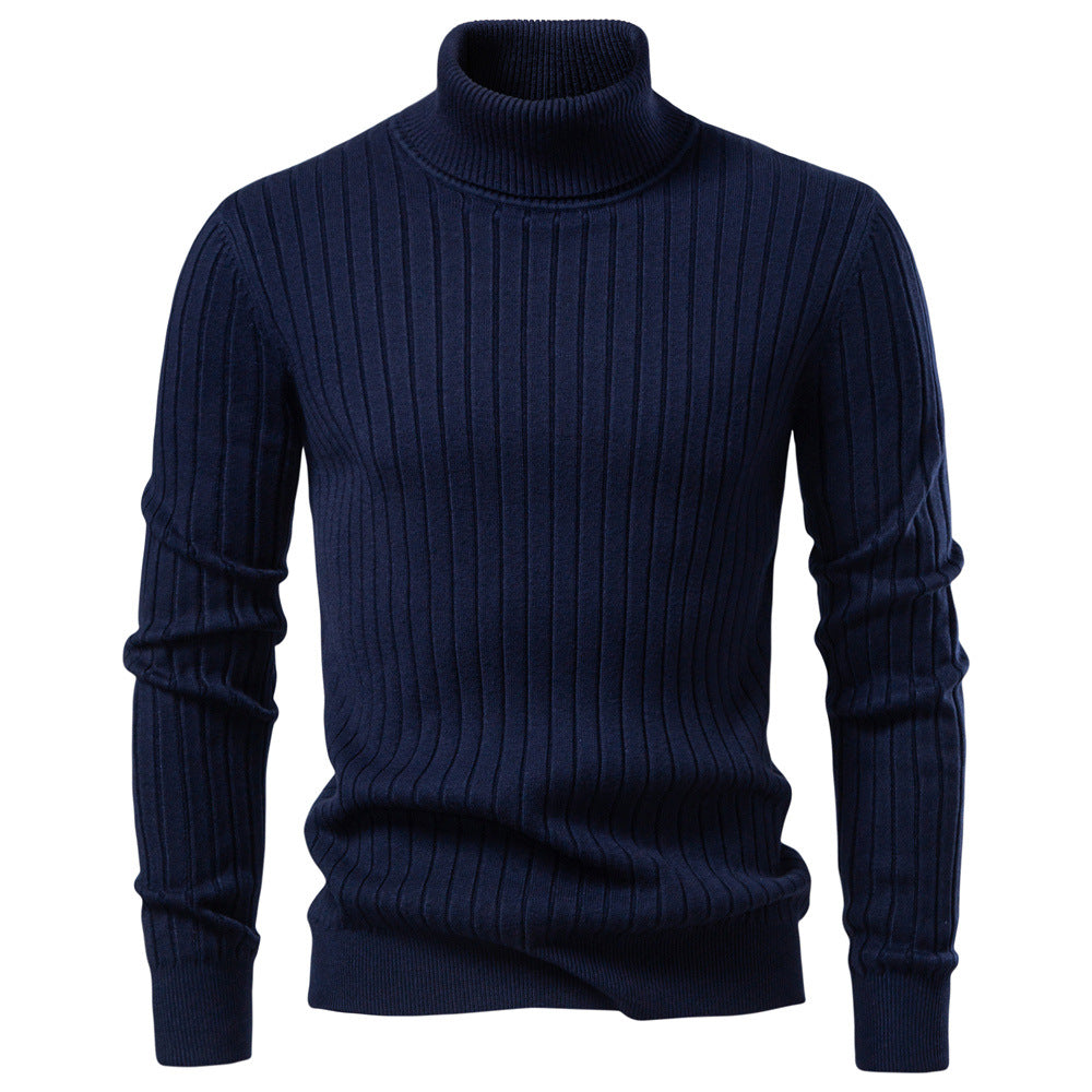 Pull col roulé homme en maille côtelée à rayures verticales 1