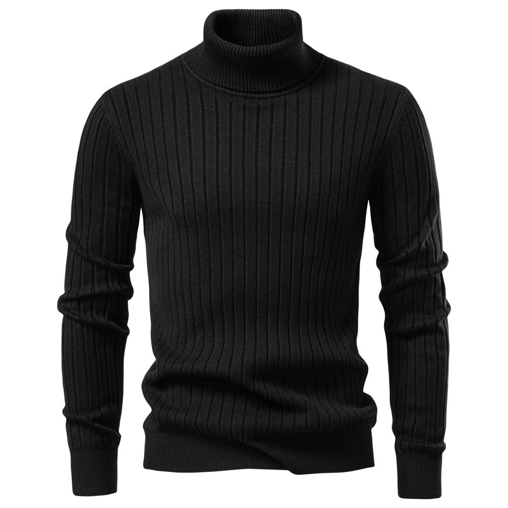 Pull col roulé homme en maille côtelée à rayures verticales 2