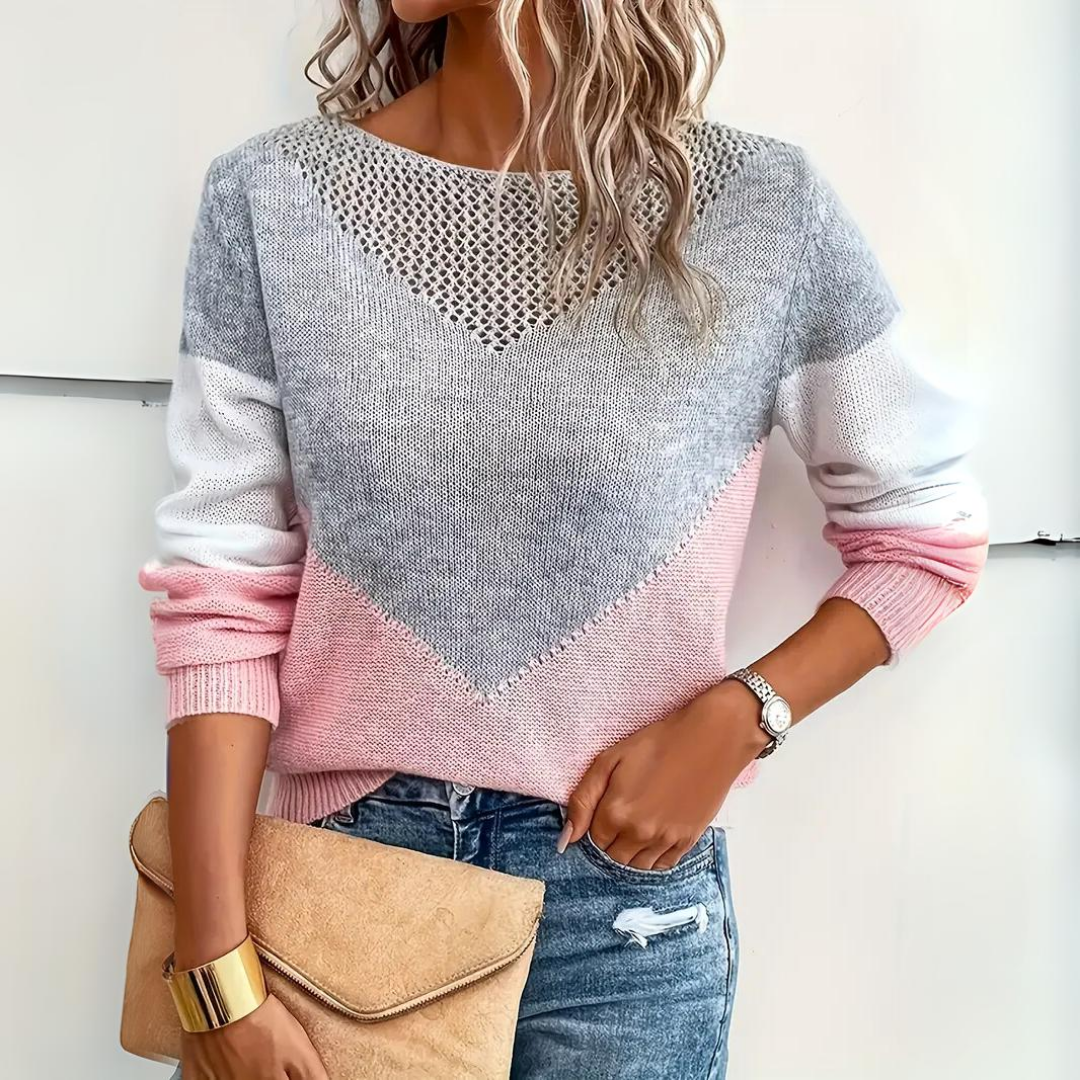 Pull en maille femme ample à col bateau ajouré et color block 2