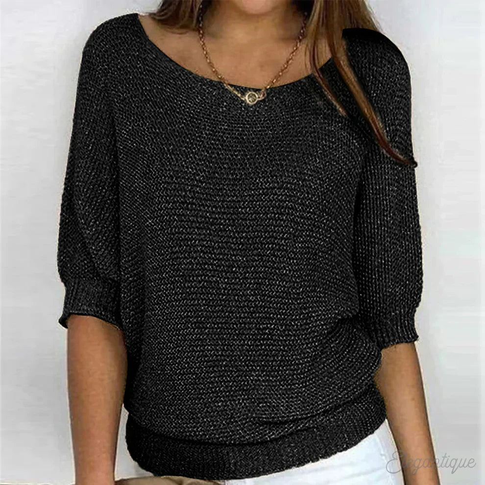 Pull en maille fine femme ample à col bateau et manches chauve-souris 3