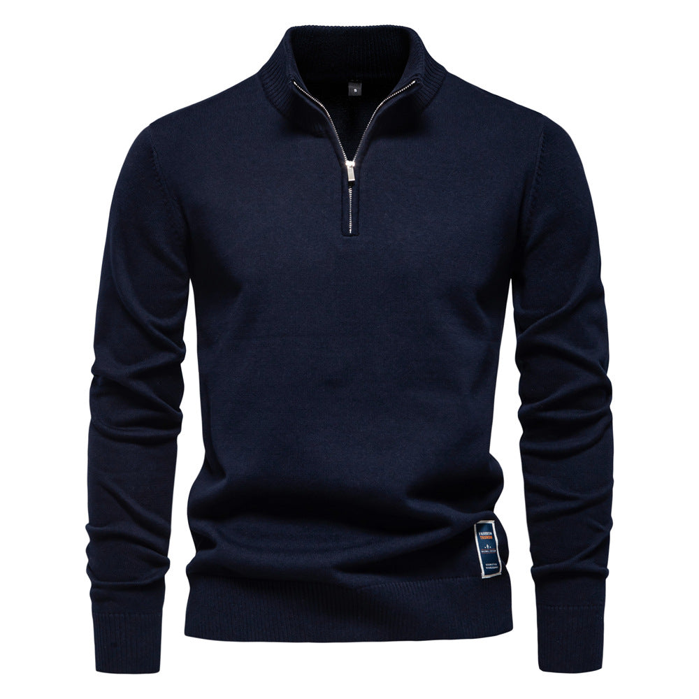 Pull homme à col montant demi-zip maille fine lisse 1