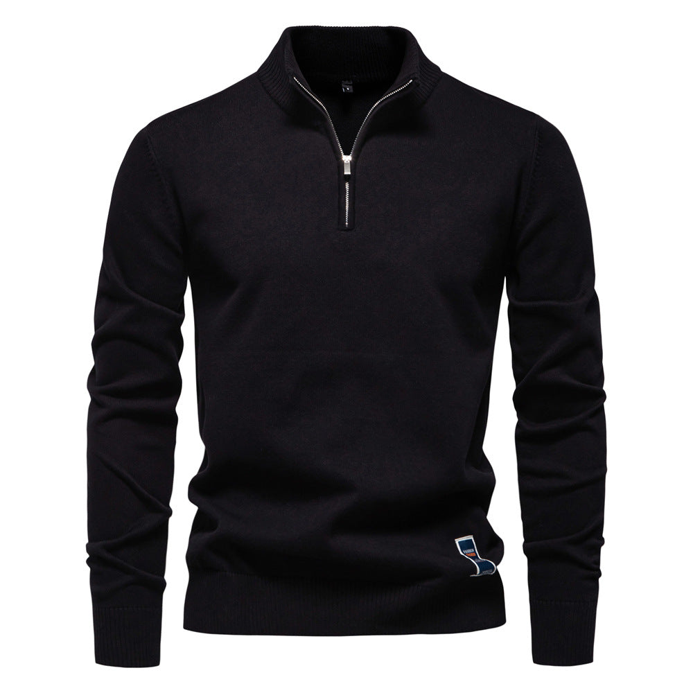 Pull homme à col montant demi-zip maille fine lisse 2
