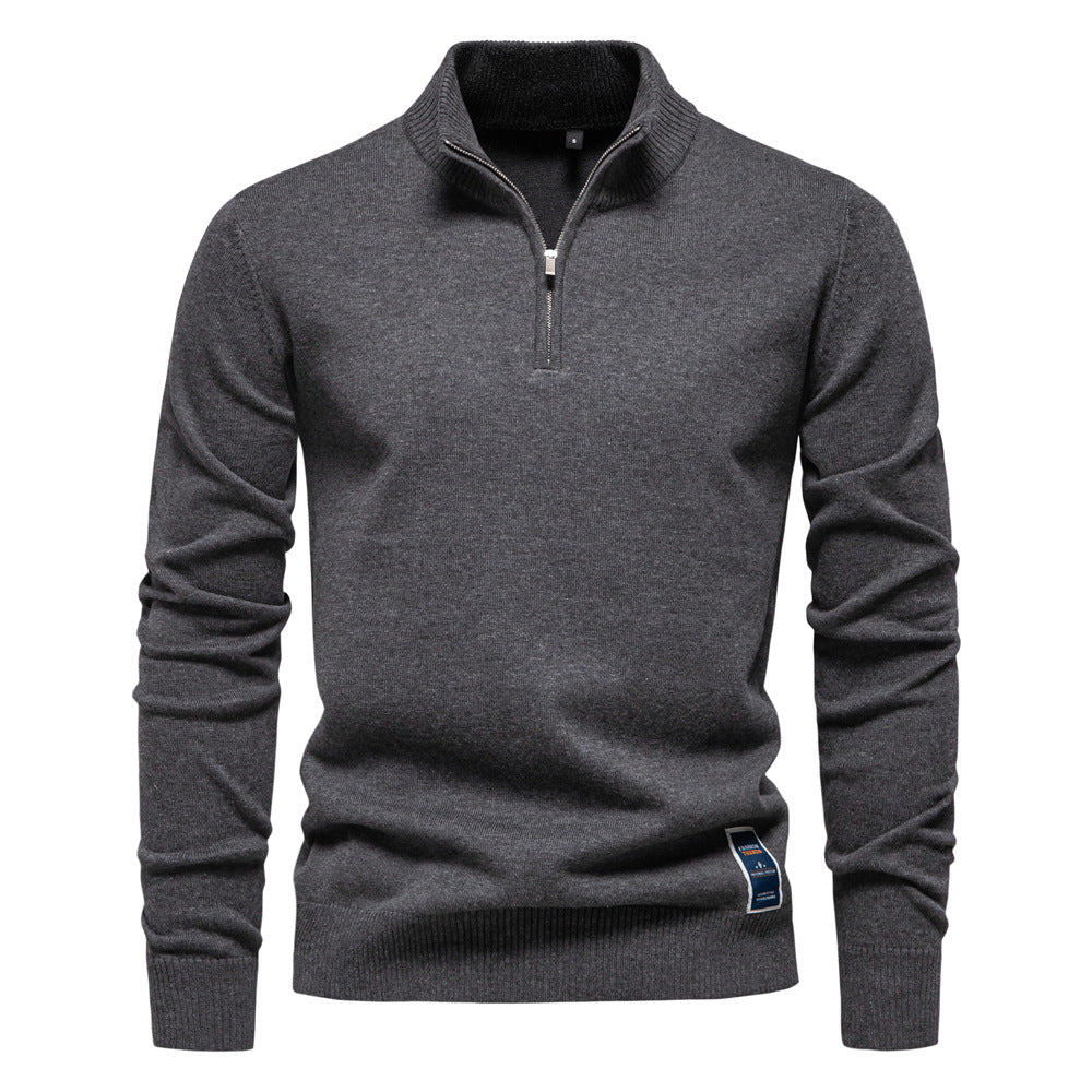 Pull homme à col montant demi-zip maille fine lisse 4